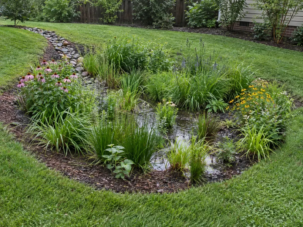 Illustrative shallow rain garden with native planting and a stone-lined stormwater inlet