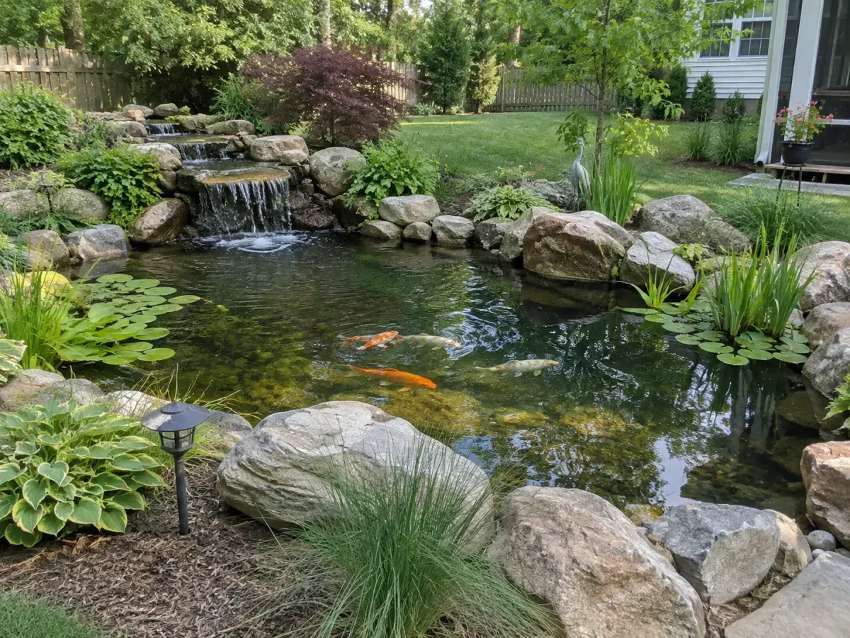 Illustrative backyard koi pond with natural stone edging and a small waterfall