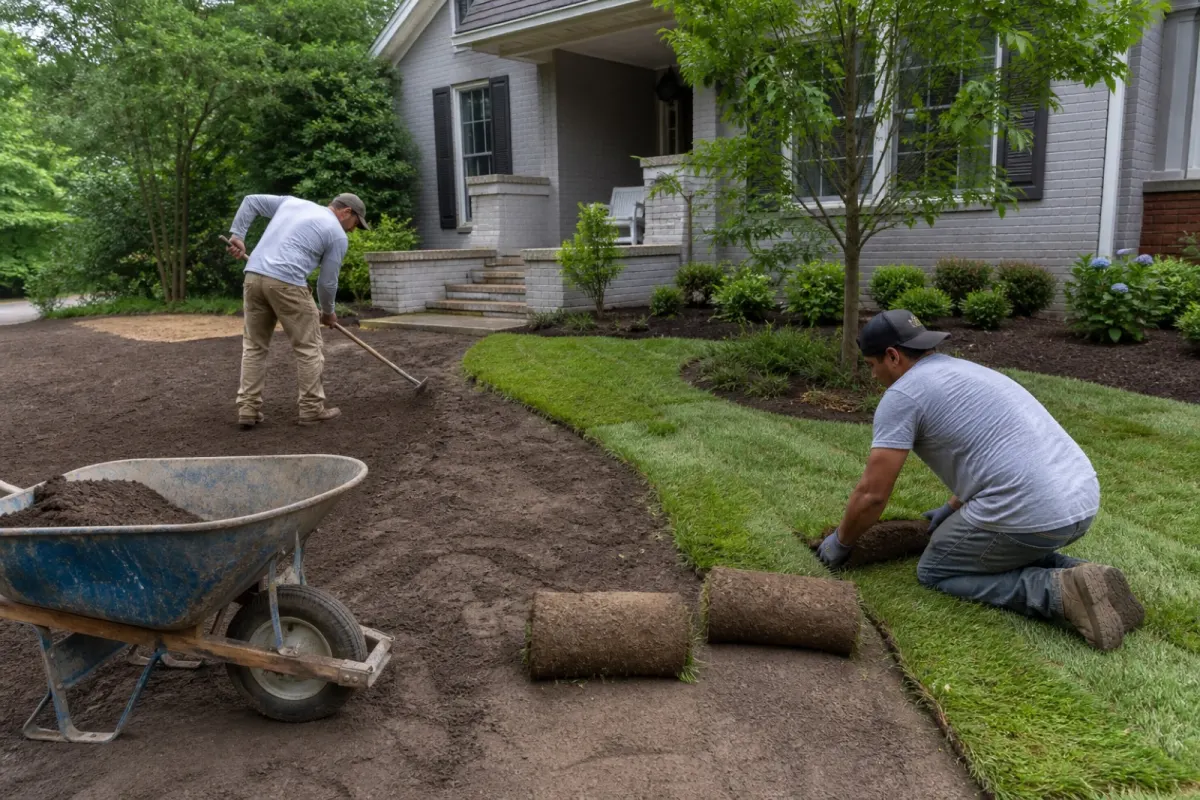CT Outdoor Pros crew installing sod in a Raleigh yard